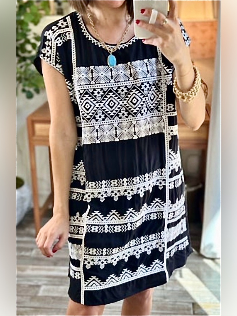 Savanna Jane Black Mini Dress with White Embroidered Geometric Trim